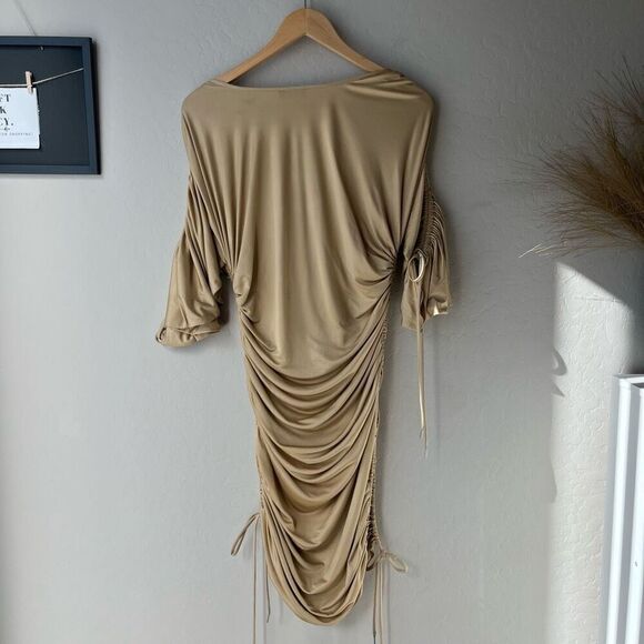 Atlein Dress Beige Ruched Long Sleeve Off Shoulder‎ Designer Midi Dress Size 40 - Picture 9 of 12